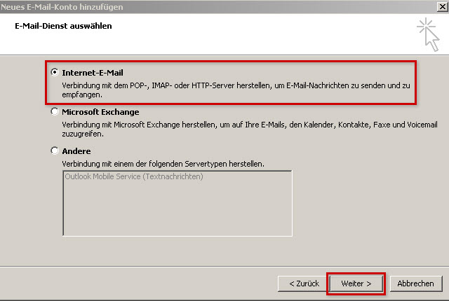 E-Mail-Dienst auswählen