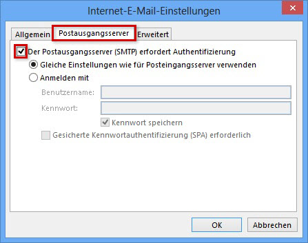 Der Postausgangsserver (SMTP) erfordert Authentifizierung.